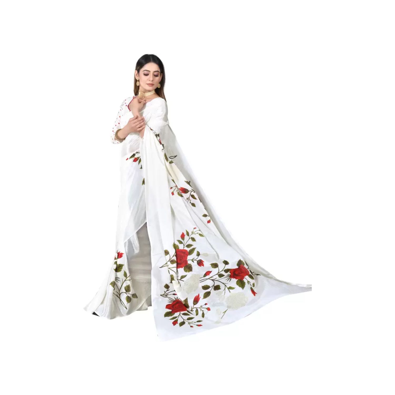 Women's Flower Embroidered Georgette Saree with Blouse Piece (Off White, Free Size)-White