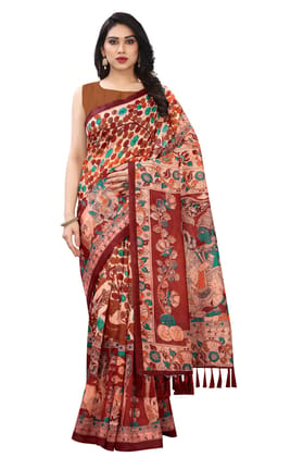 Silk Zone Women's Ajrakh Kalamkari Chanderi Cotton Digital Printed Tassel Saree with Blouse Piece