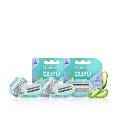 LetsShave Evior 6 Blade Refills/Cartridges for Women | Shaving Razor Blades for Full Body | Razor For Women with Lubricating Strip enriched with Aloe Vera, Vitamin E and Argan oil | Pack of 4