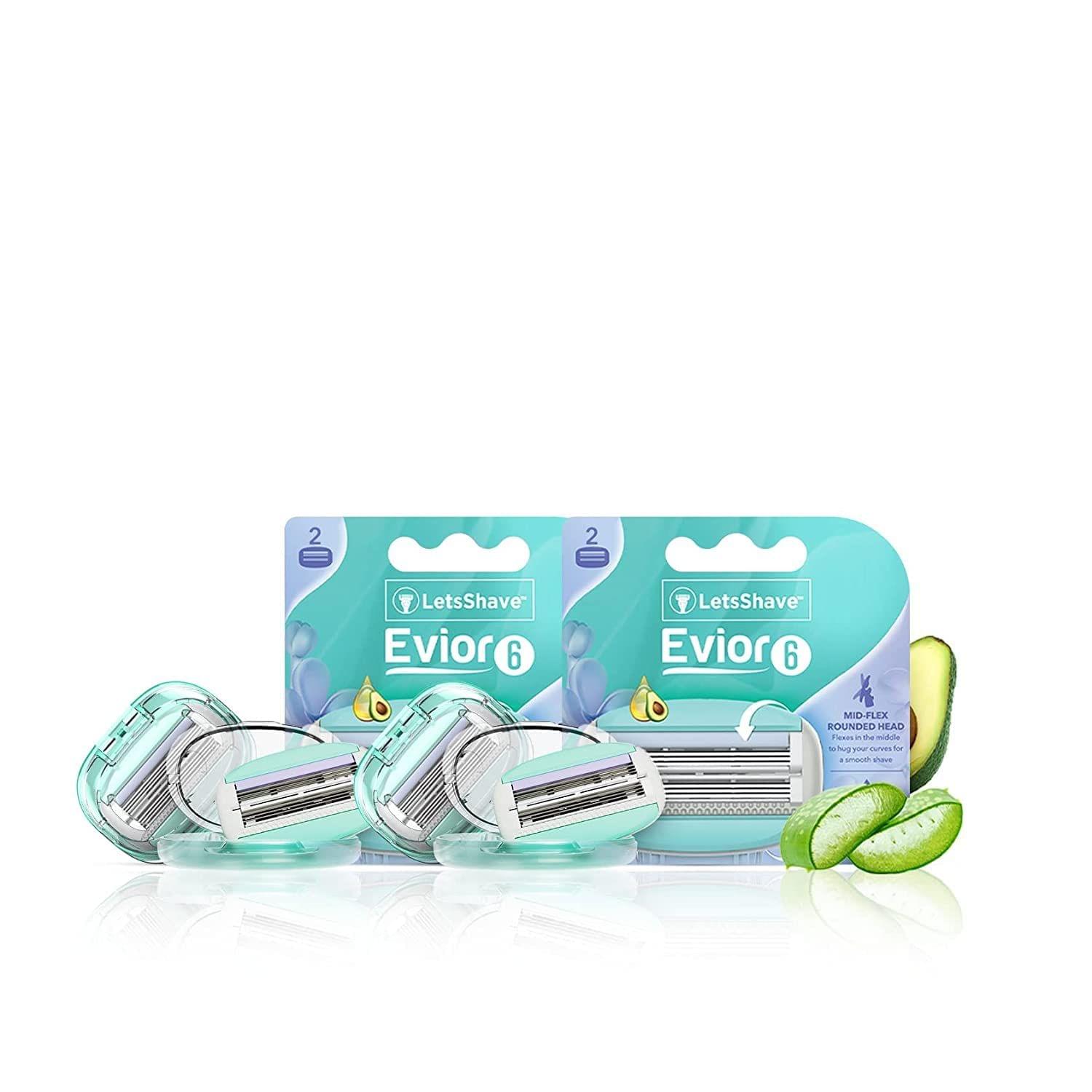 LetsShave Evior 6 Blade Refills/Cartridges for Women | Shaving Razor Blades for Full Body | Razor For Women with Lubricating Strip enriched with Aloe Vera, Vitamin E and Argan oil | Pack of 4