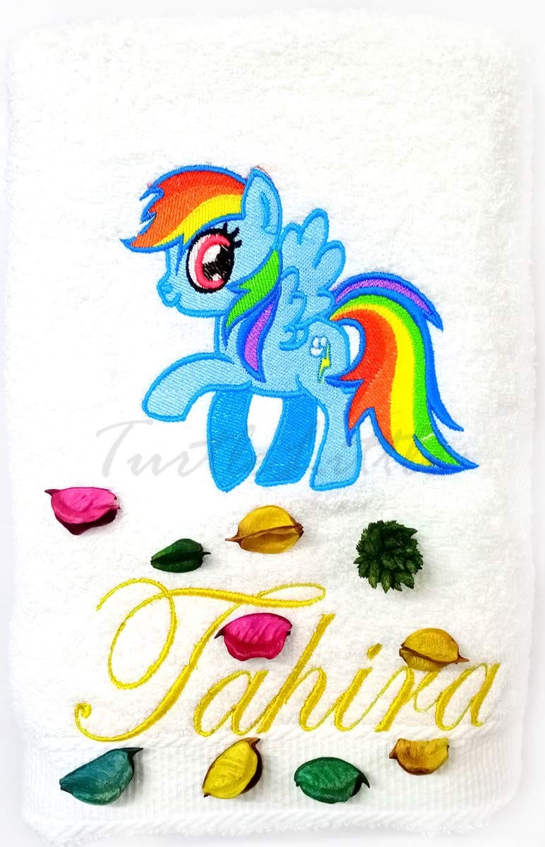 TurtleLittle, Cotton, Rainbow Dash Pony Personalised Kids Bath Towel, 500 GSM(Set of 1, White)