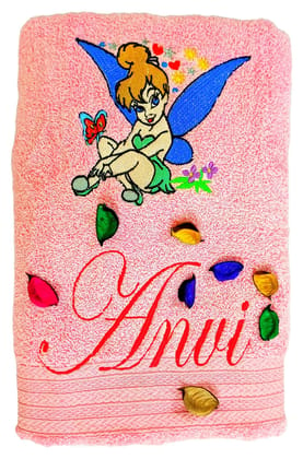 TurtleLittle, Cotton, Tinkerbell Personalised Princess Kids Bath Towel, 500 GSM (Set of 1, Pink)