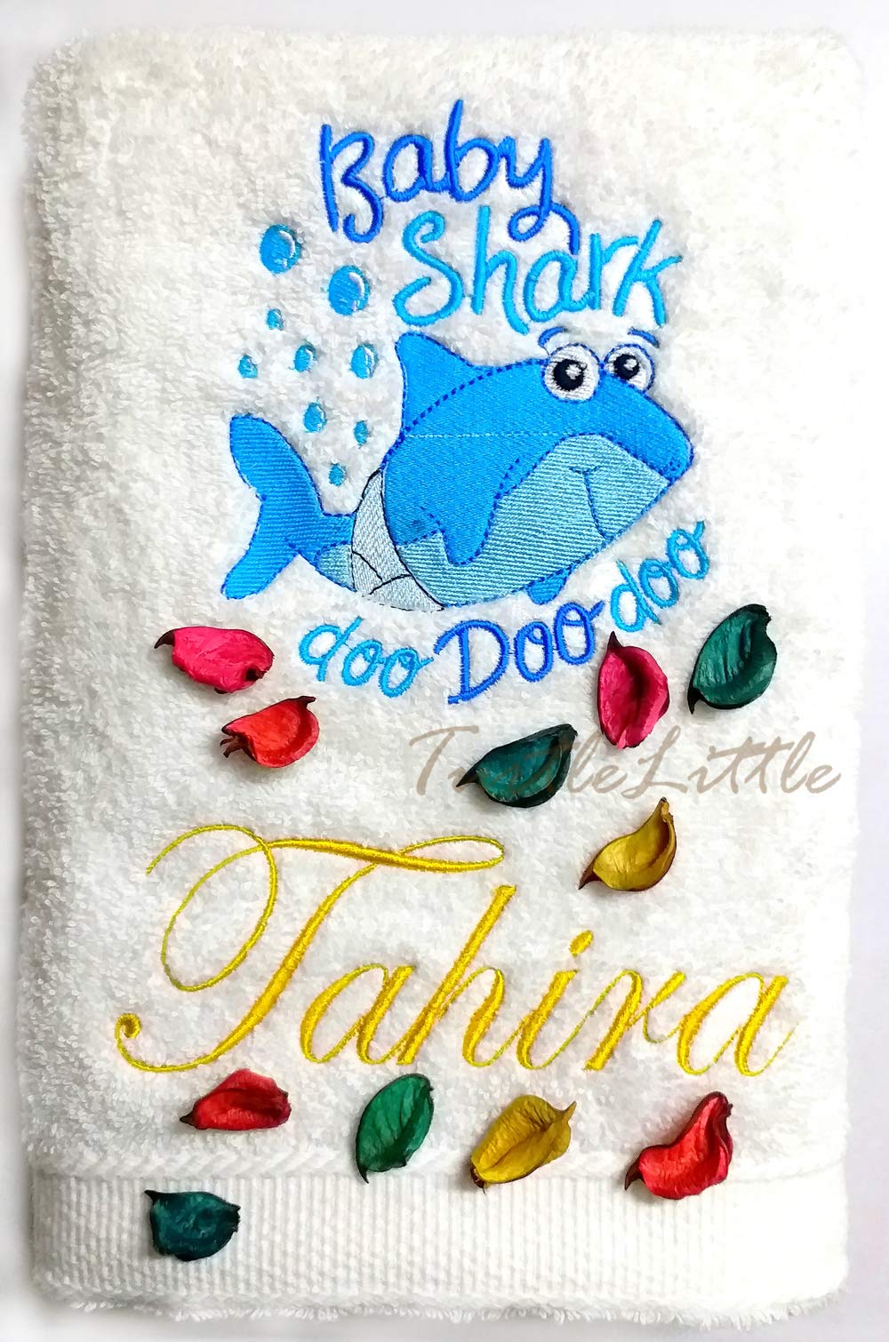 TurtleLittle, Cotton, Baby Shark Personalised Embroidered Kids Bath Towel, 500 GSM (Set of 1, White)