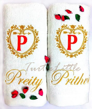 TurtleLittle, Cotton, Golden Emblem with Initials Personalised Couple Towel Set, 600 GSM (Set of 2, White)