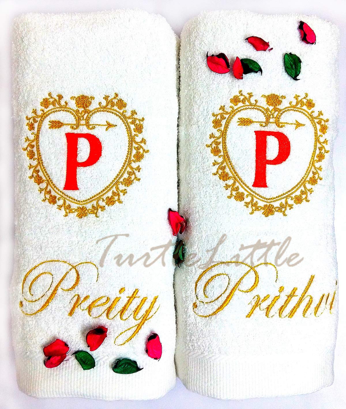 TurtleLittle, Cotton, Golden Emblem with Initials Personalised Couple Towel Set, 600 GSM (Set of 2, White)