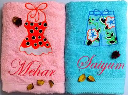 TurtleLittle, 100% Cotton, Shorts & Frock Personalised Valentines Couple Bath Towels, 600 GSM (Set of 2, Pink & Blue)