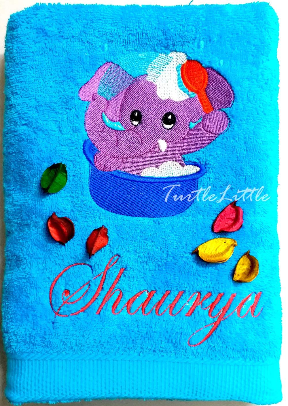 TurtleLittle, Cotton, Bathing Baby Elephant Personalised Kids Bath Towel, 500 GSM (Set of 1, Blue)