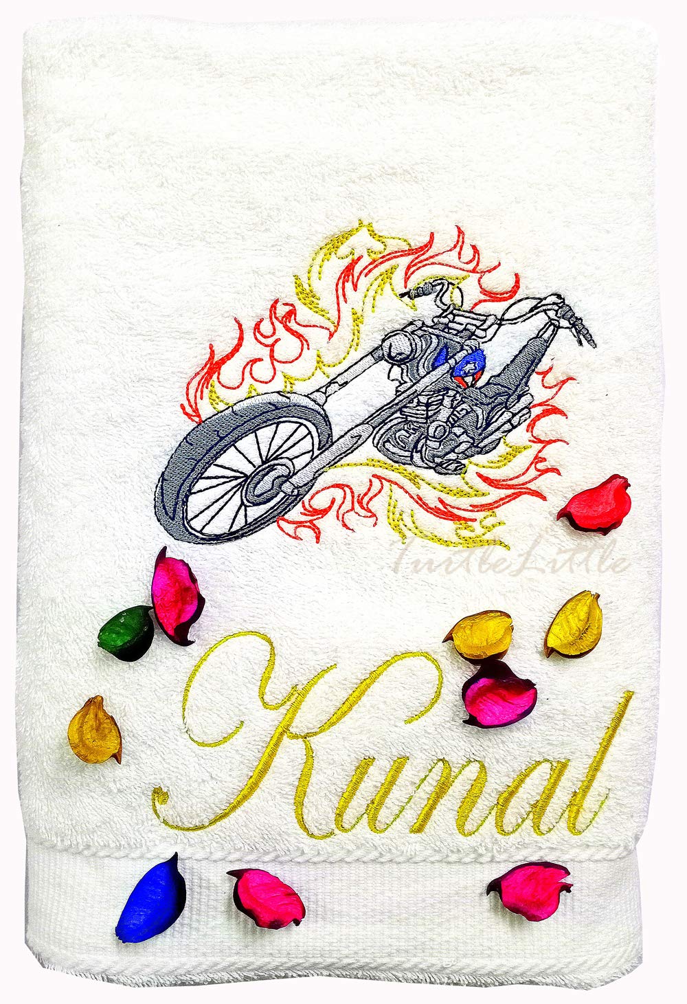 TurtleLittle, 100% Cotton, Personalised Cruiser Motorcycle/Bike Biker Adult Bath Towel, 600 GSM (Set of 1, White)