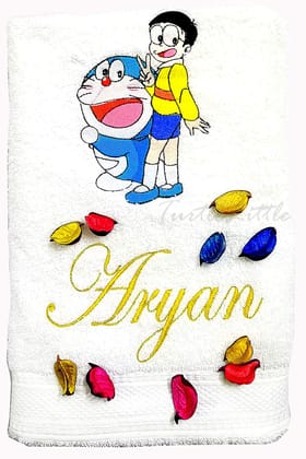 TurtleLittle, Cotton, Doraemon & Nobita Personalised Kids Bath Towel, 500 GSM (Set of 1, White)