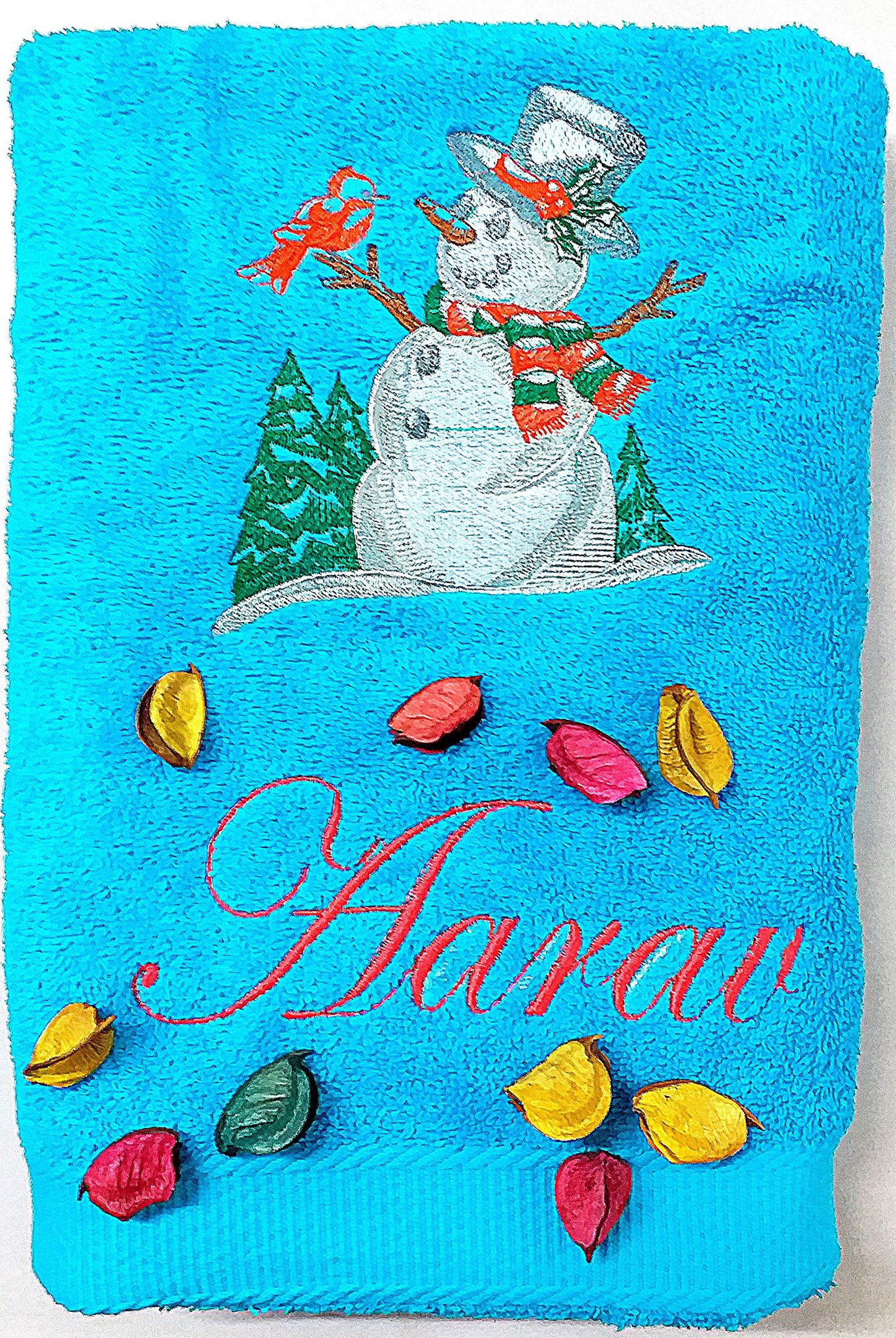 TurtleLittle, Cotton, Snow Man with Christmas Tree Personalised Kids Bath Towel, 500 GSM, (Set of 1, Blue)