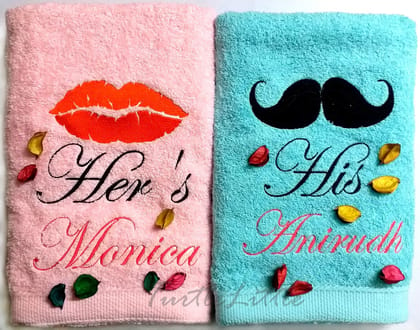 TurtleLittle, Cotton, His and Her Personalised Valentines Couple Bath Towel Set, 600 GSM (Set of 2, Pink & Blue)