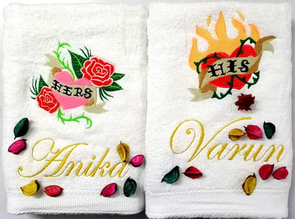 TurtleLittle,100% Cotton, Burning Hearts Personalised Valentines Couple Bath Towel Set, 600 GSM (Set of 2, White)