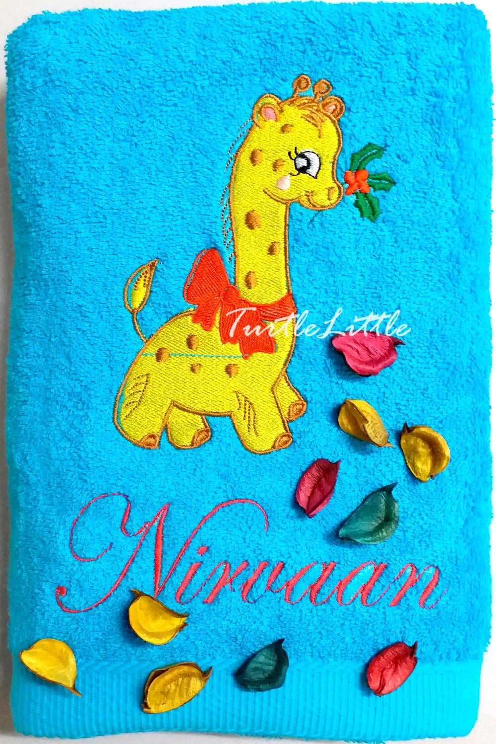 TurtleLittle, Cotton, Giraffe Personalised Kids Bath Towel, 500 GSM (Set of 1, Blue)