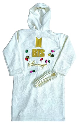 TurtleLittle, 100% Cotton, Personalised BTS Bathrobe For Teenager Girls, with Name and Initials, 350 GSM (Set of 1, Ivory White)