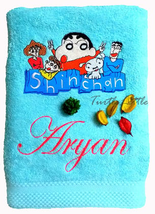 TurtleLittle, Cotton, Shin Chan with Family Personalised Kids Bath Towel, 500 GSM (120 x 60 cm, Blue)