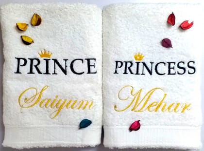 TurtleLittle, Cotton, Prince and Princess Personalised Valentines Couple Bath Towels, 600 GSM (Set of 2, White)