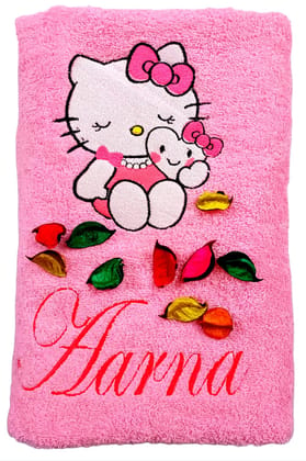 TurtleLittle, Cotton, Hello Kitty with Heart Personalised Kids Bath Towel, 500 GSM (Set of 1, Pink)