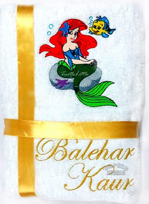 TurtleLittle, Cotton, Mermaid Princess Ariel Personalised Kids Bath Towel, 500 GSM (Set of 1, White)