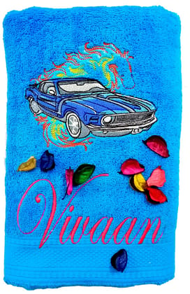 TurtleLittle, 100% Cotton, Personalised Blue Mustang Car Adult Bath Towel, 600 GSM (Set of 1), White, 150 x 75 cm