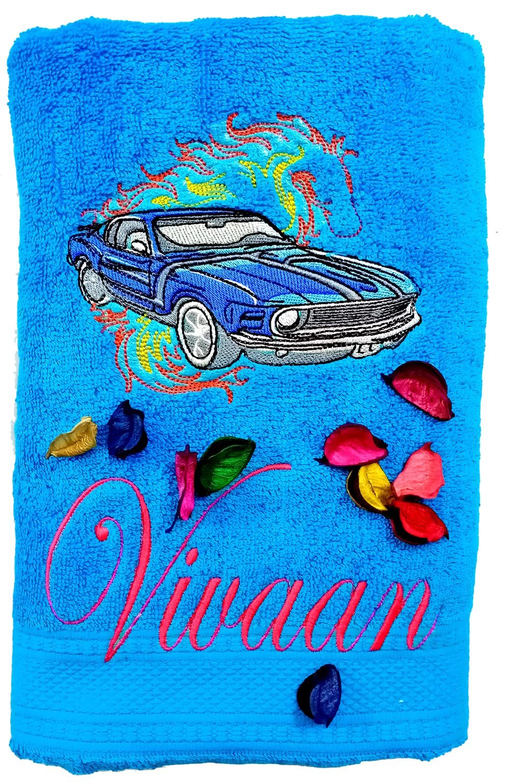 TurtleLittle, 100% Cotton, Personalised Blue Mustang Car Adult Bath Towel, 600 GSM (Set of 1), White, 150 x 75 cm