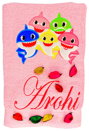 TurtleLittle, Cotton, Baby Shark and Friends Personalised Kids Bath Towel, 500 GSM (Set of 1, Pink)