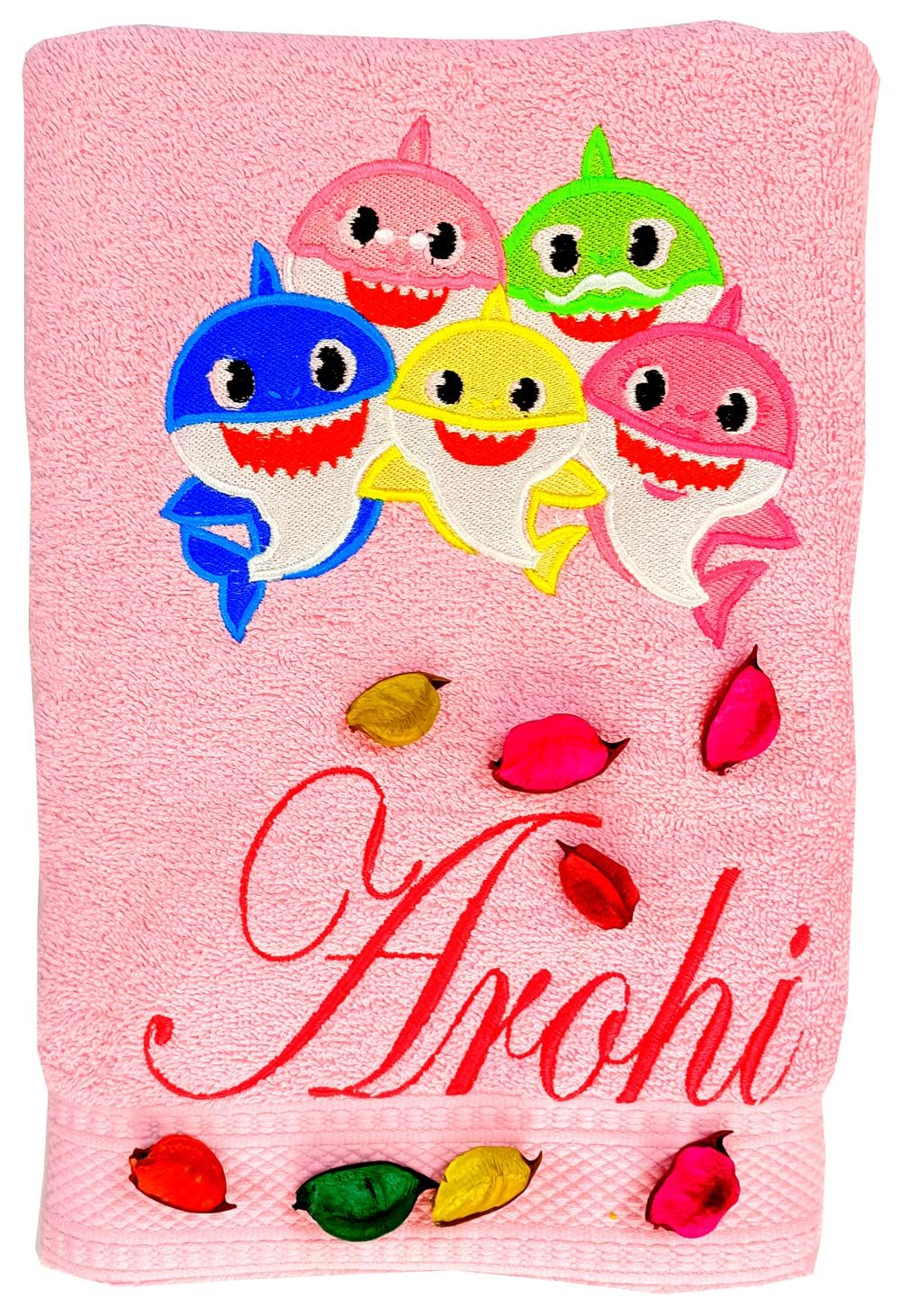 TurtleLittle, Cotton, Baby Shark and Friends Personalised Kids Bath Towel, 500 GSM (Set of 1, Pink)