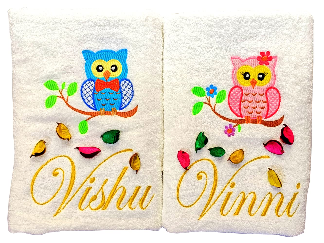TurtleLittle, Cotton, Boy & Girl Owl Personalised Couple Towel Set, 600 GSM (Set of 2, White)