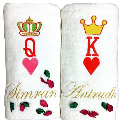 TurtleLittle, Cotton, K & Q of Hearts Personalised Valentines Couple Bath Towels, 600 GSM (Set of 2, White)