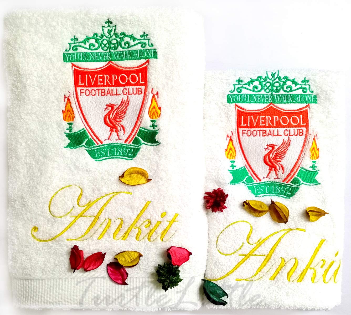 TurtleLittle, 100% Cotton, Liverpool Soccer Club Embroidered Personalised Luxury Bath + Hand Towel Set, 600 GSM(Set of 2, White)