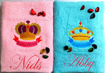 TurtleLittle, Cotton, King & Queen Crown Personalised Valentines Couple Bath Towel Set, 600 GSM (Set of 2, Blue and Pink)