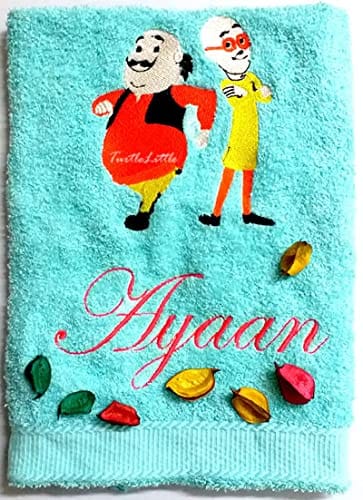 TurtleLittle, Cotton, Motu Patlu Personalised Kids Bath Towel, 500 GSM (Set of 1, Blue)