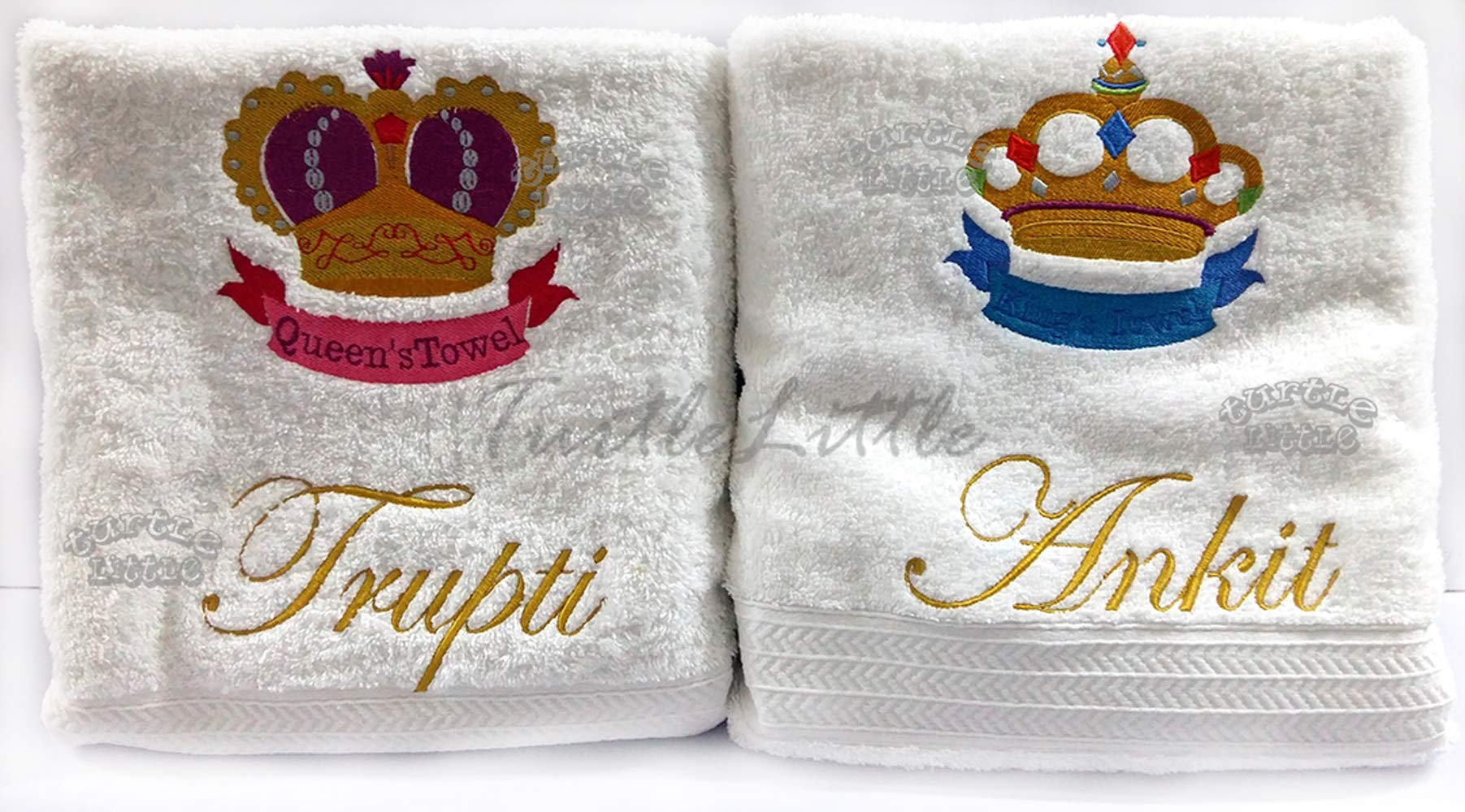 TurtleLittle, 100% Cotton, Personalised King and Queen Crown Couple Bath Towel Set, 600 GSM (Set of 2, White)