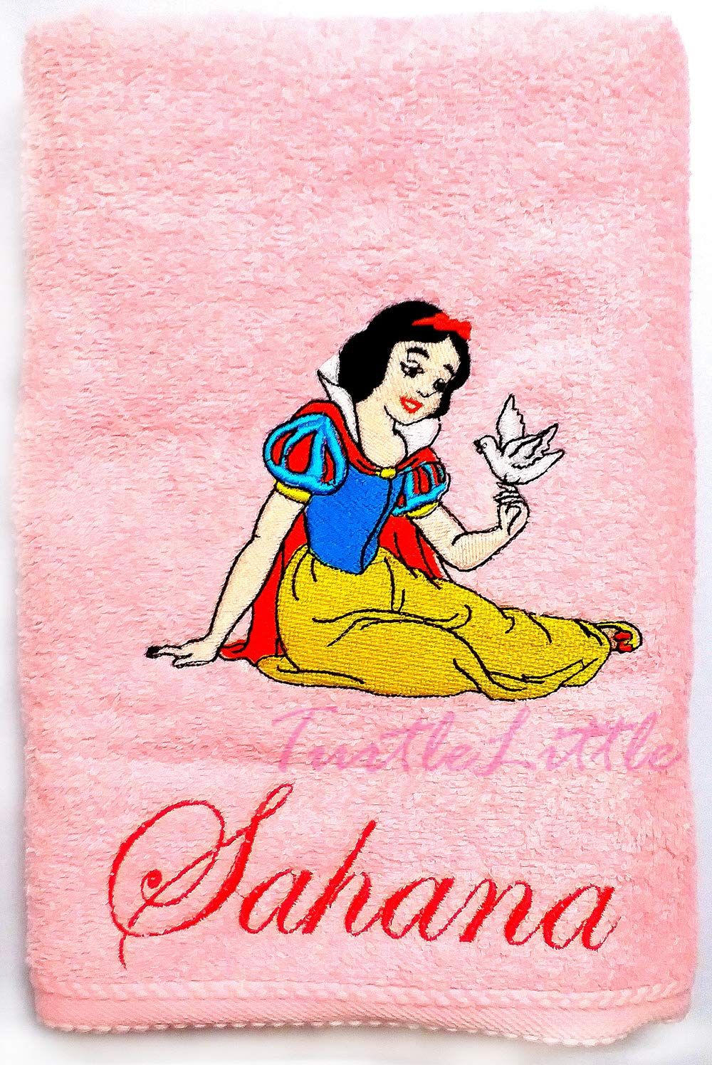 TurtleLittle, Cotton, Personalised SnowWhite with Bird Kids Bath Towel, 500 GSM (Set of 1, Pink)