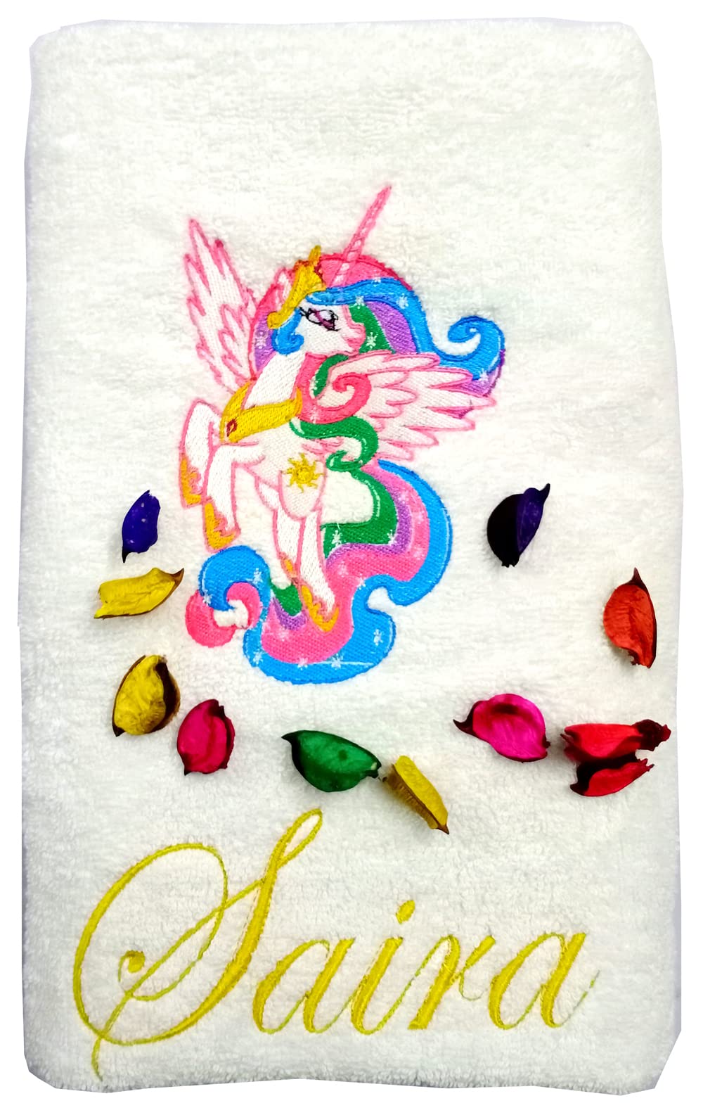 TurtleLittle, Cotton, Celestia Unicorn Pony Personalised Kids Bath Towel, 500 GSM (Set of 1, White)