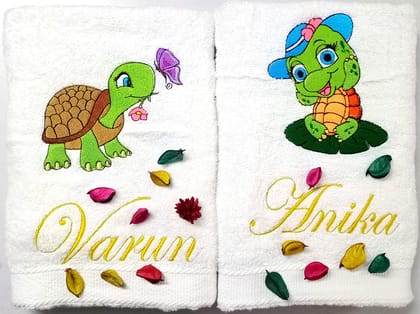 TurtleLittle, 100% Cotton, Love Turtles Personalised Valentines Couple Bath Towel Set(Set of 2, White)