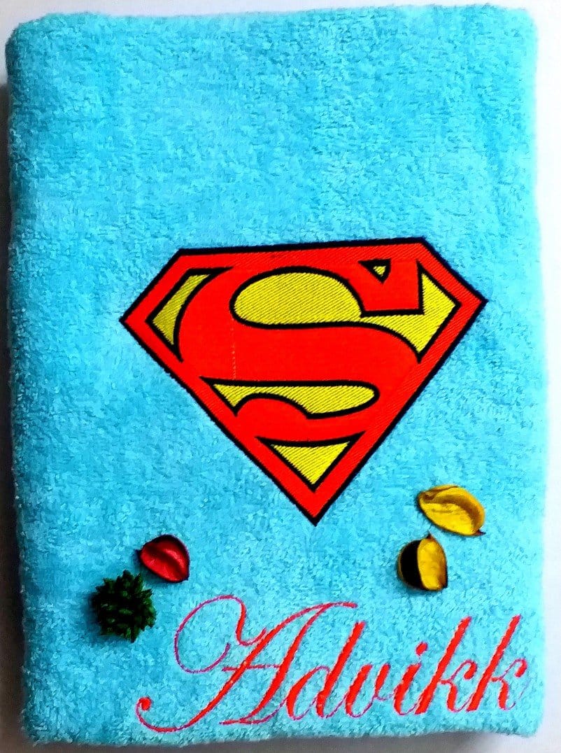 TurtleLittle, 100% Cotton, Superman Logo Personalised Adult Bath Towel, 600 GSM (Set of 1, Blue)