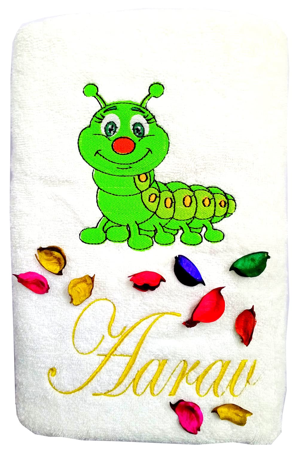 TurtleLittle, Cotton, Caterpillar Personalised Kids Bath Towel, 500 GSM (Set of 1, White)