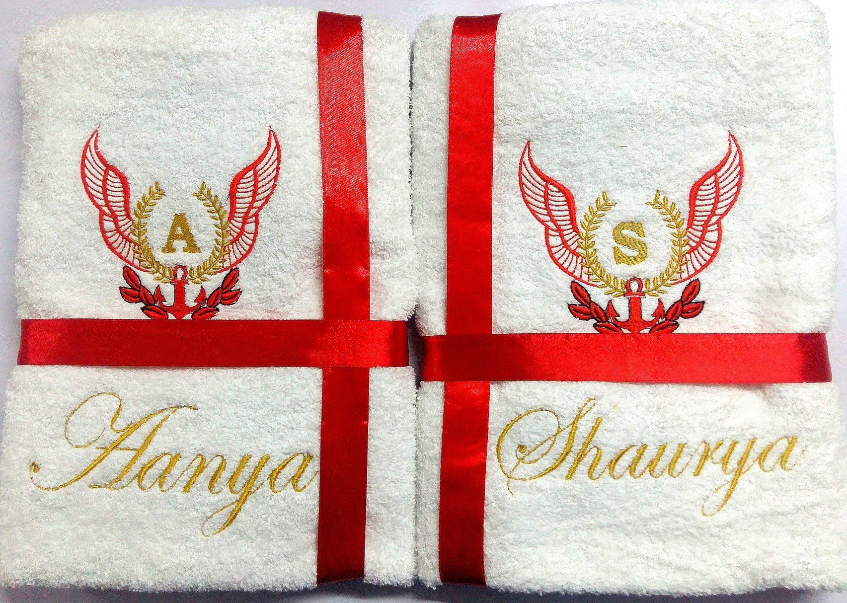 TurtleLittle, 100% Cotton, Personalised Wings Emblem Valentines Couple Bath Towels, 600 GSM (Set of 2, White)