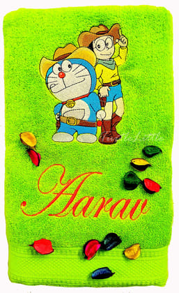 TurtleLittle, Cotton, Doraemon & Nobita Personalised Kids Bath Towel, 500 GSM (Set of 1, Green)