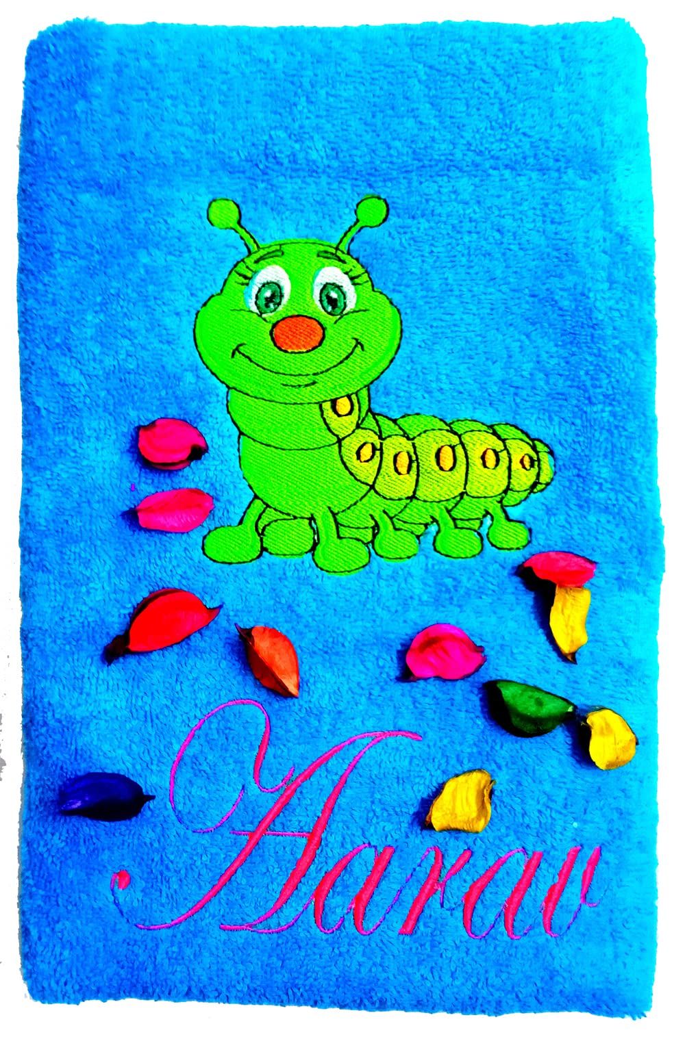 TurtleLittle, Cotton, Caterpillar Personalised Kids Bath Towel, 500 GSM (Set of 1, Blue)