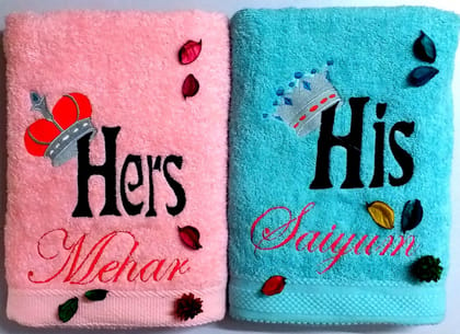 TurtleLittle, Cotton, His & Her, King & Queen Crown Personalised Valentine Couple Bath Towels, 600 GSM (Set of 2, Pink & Blue)