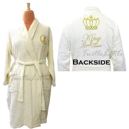 TurtleLittle, 100% Cotton, Personalized Golden Crown Bathrobe for Adults with Name and Initials, 350 GSM (Set of 1, Ivory White)