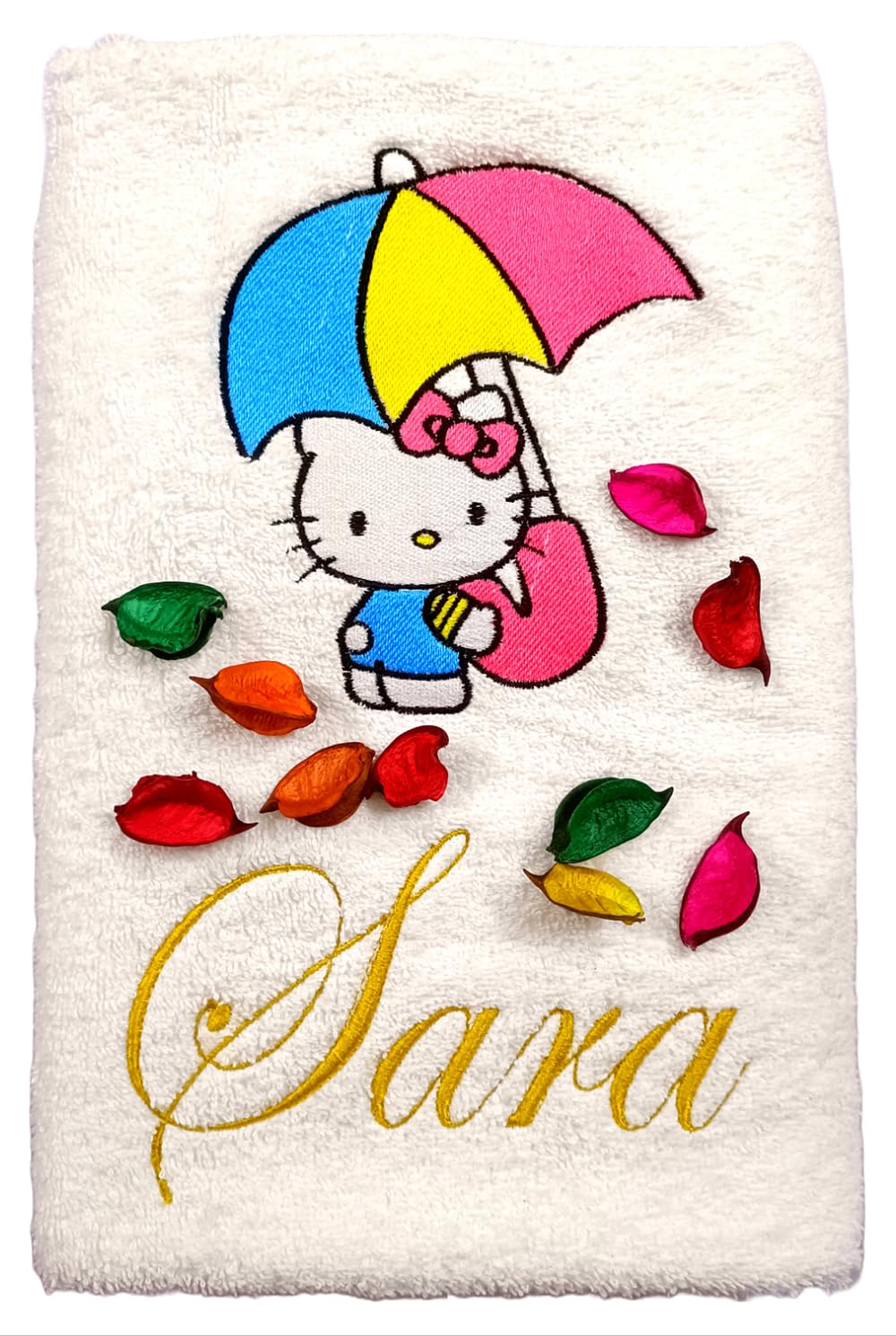 TurtleLittle, Cotton, Hello Kitty with Umbrella Personalised Kids Bath Towel, 500 GSM (Set of 1, White)