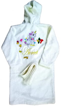 TurtleLittle, Cotton, Personalised Unicorn Pony Bathrobe with Hood for Kids, Teenager Girls, with Name and Initials, 350 GSM (Set of 1, Ivory White)