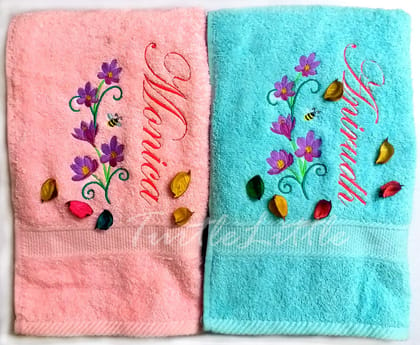 TurtleLittle, 100% Cotton, Floral Bale with Bee Personalised Valentines Couple Bath Towel Set, 600 GSM(Set of 2, Pink and Blue)