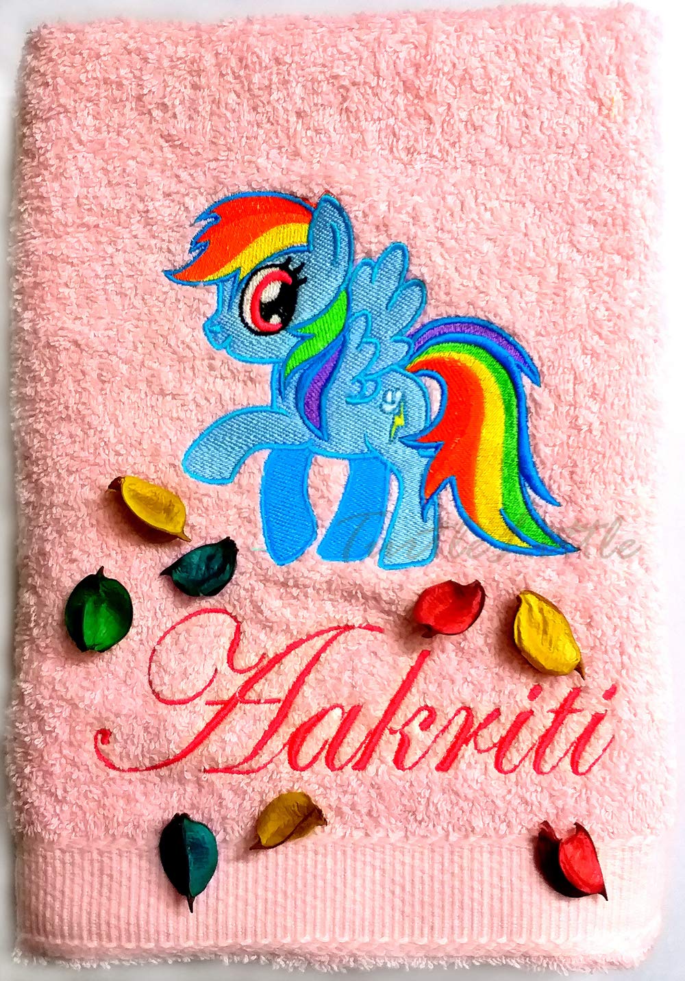 TurtleLittle, Cotton, Rainbow Dash Pony Personalised Kids Bath Towel, 500 GSM (Set of 1, Pink)