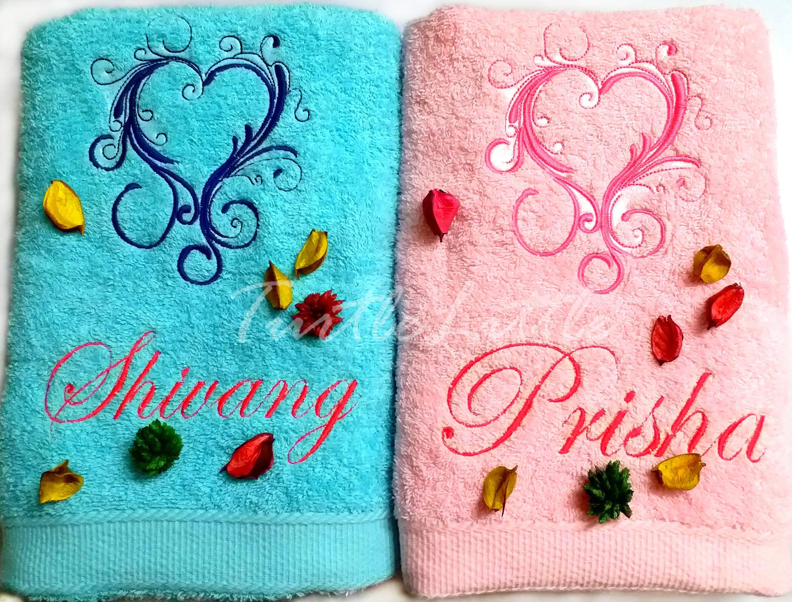 TurtleLittle, Cotton, Hearts Personalised Valentines Couple Bath Towel Set, 600 GSM (Set of 2, Pink & Blue)