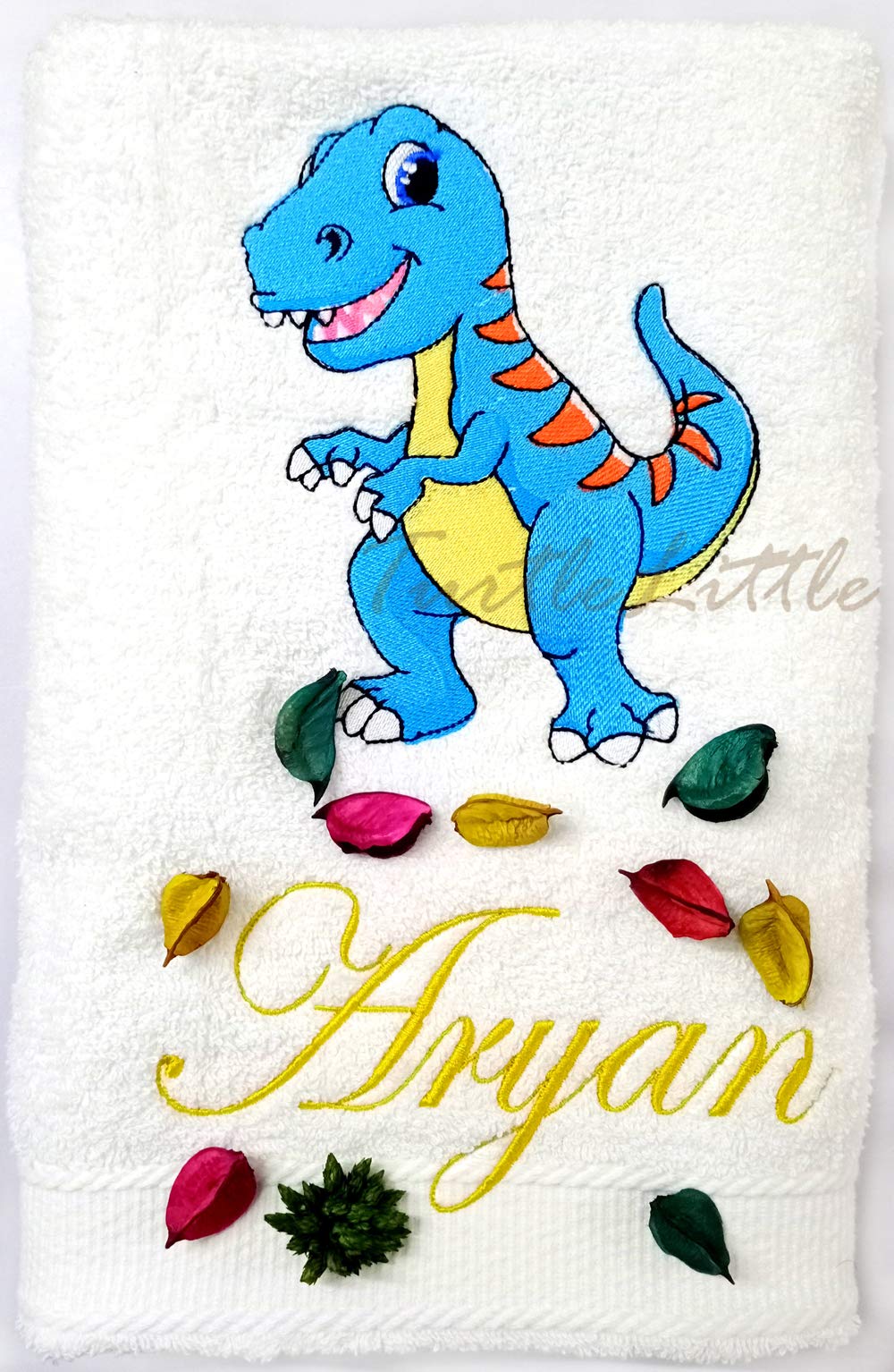 TurtleLittle, Cotton, Dinosaur Personalised Kids Bath Towel, 500 GSM, (Set of 1, White)