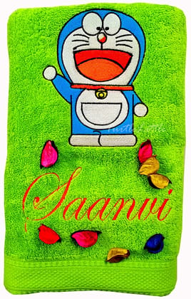 TurtleLittle, Cotton, Doraemon Personalised Kids Bath Towel, 500 GSM (Set of 1, Green)