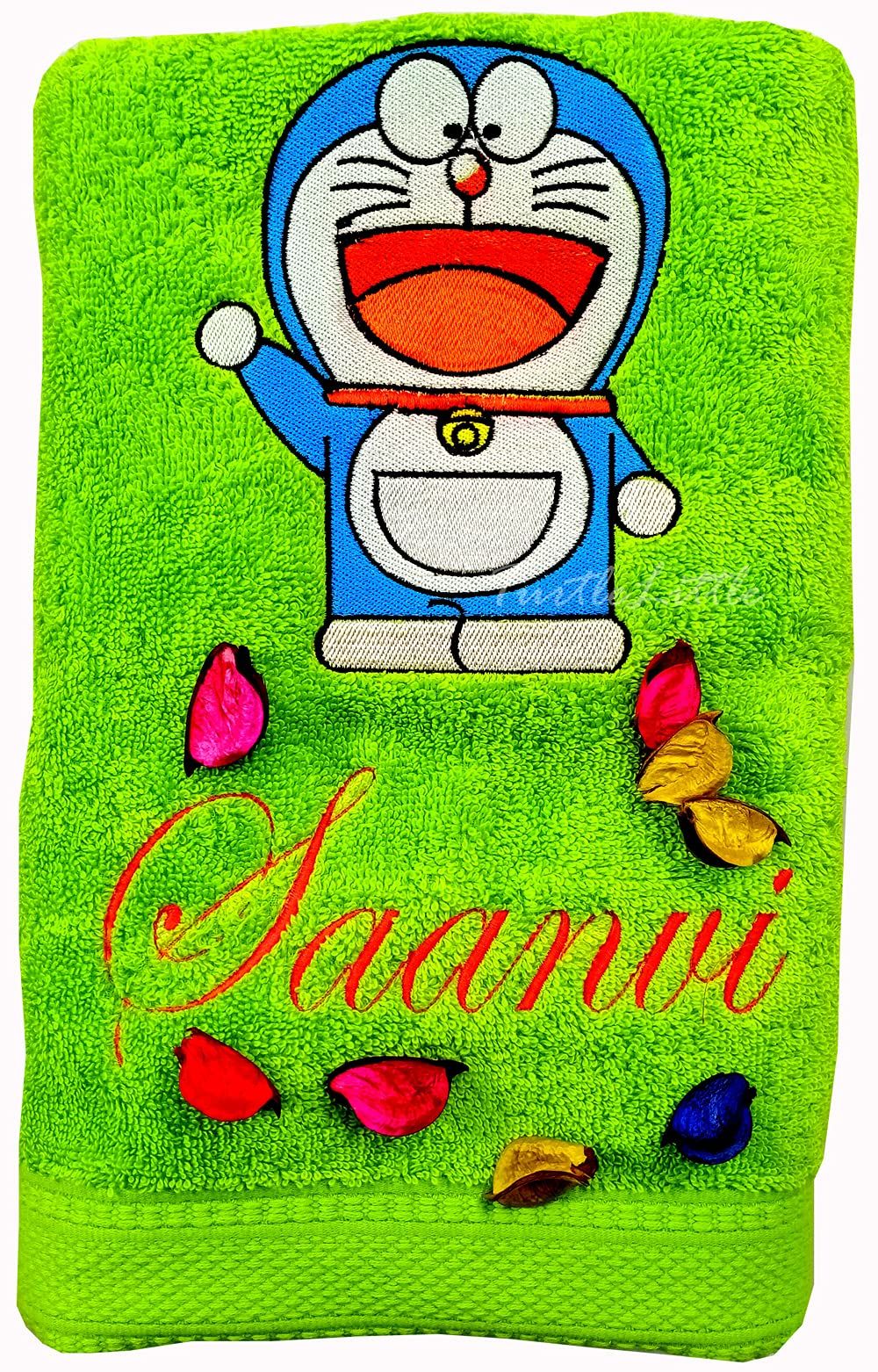 TurtleLittle, Cotton, Doraemon Personalised Kids Bath Towel, 500 GSM (Set of 1, Green)